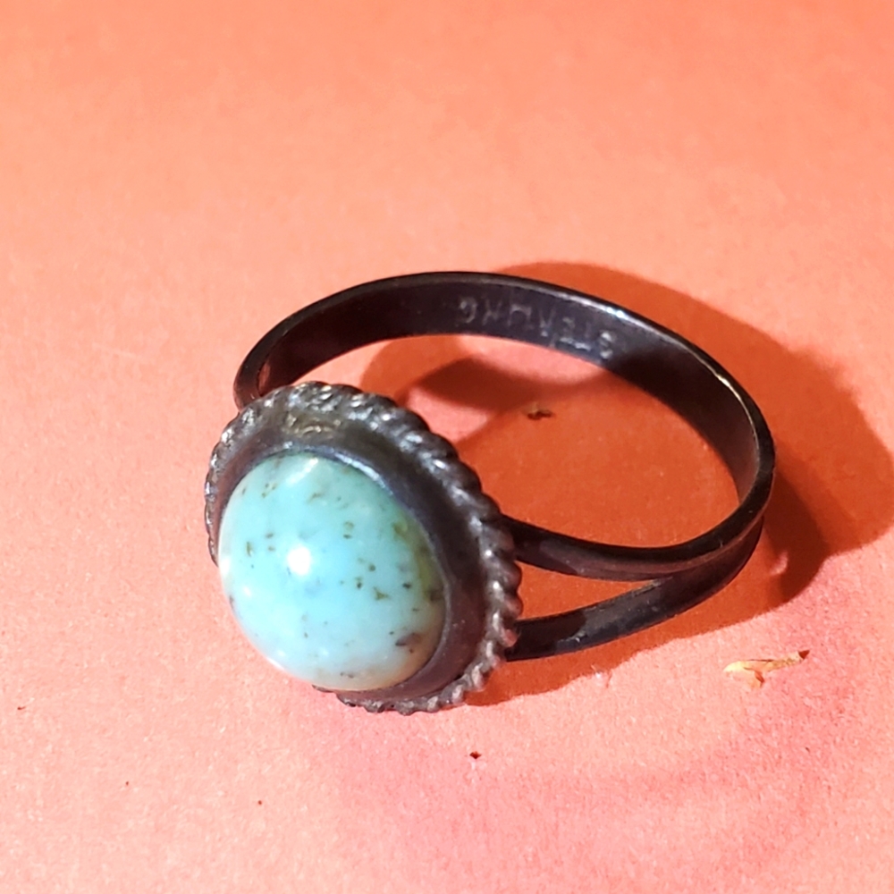 Vintage signed STERLING Navajo◇Native American rare domed kingman turquoise ring